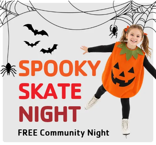Spooky skate night: free community night! A little girl ice skating in a pumpkin costume.