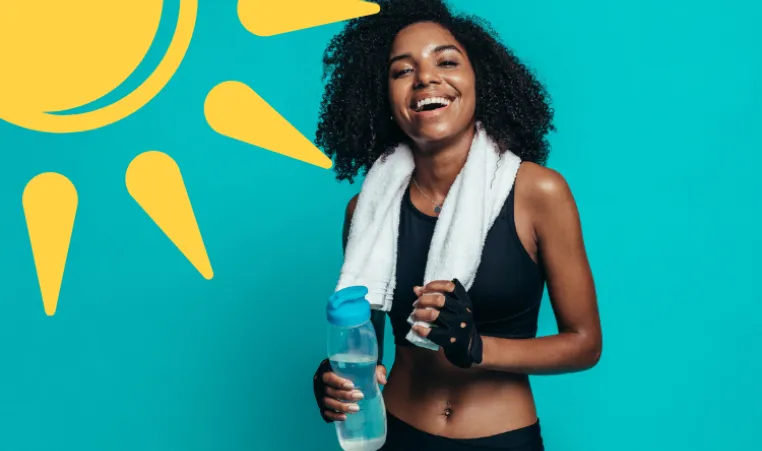 A smiling woman wearing workout clothing, holding a water bottle, with a towel draped around her shoulders. There is an illustration of a sun shining on her.