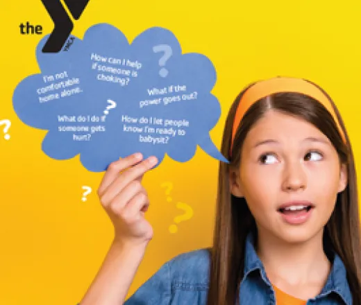 a tween girl with a thought bubble containing topics about babysitting, such as learning how to be safe at home.