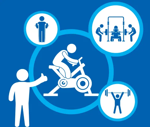 The foreground is a person giving the &quot;thumbs up&quot; signal. The background shows multiple thought bubbles of people using cardio equipment, lifting weights, and using an exercise band.