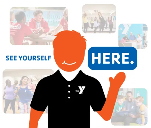 "See yourself here." Scenes from around the YMCA behind a Y employee waving.