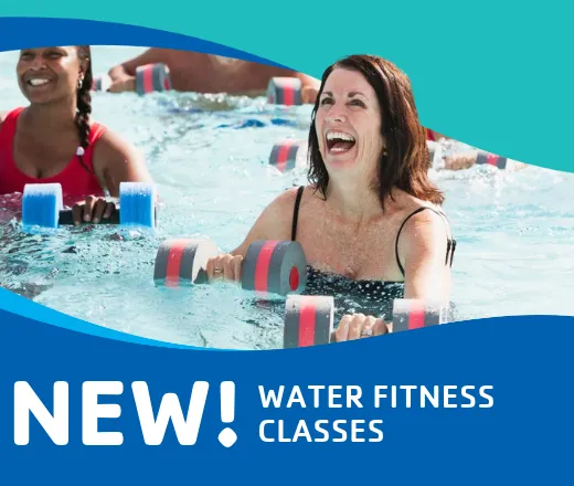 A woman using weights in the pool. The text reads "New water fitness classes!"