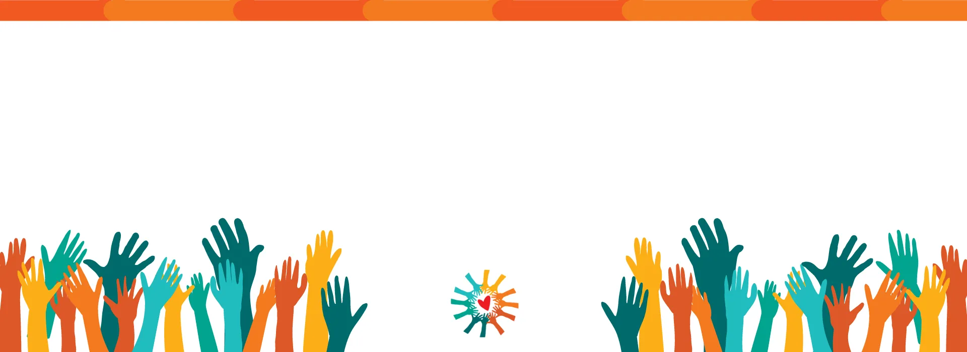 Hands of many colors reaching up toward the sky. In the center there is a small circle made up of hands surrounding a heart shape.