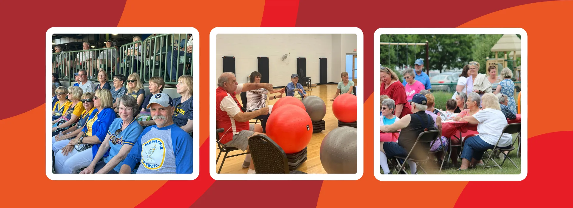 ForeverWell members at a Brewer game, doing a drum class, and enjoying the summer picnic.
