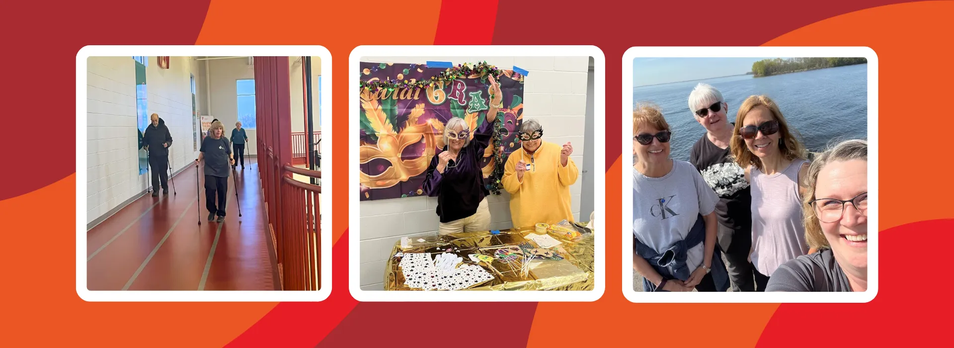 ForeverWell members doing a pole walking class, enjoying mardi gras, and taking a selfie by the lake.