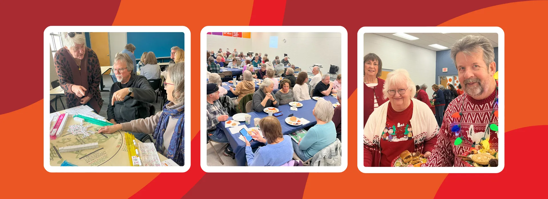 ForeverWell members playing mahjong, attending a life long learning event, and enjoying the christmas party.