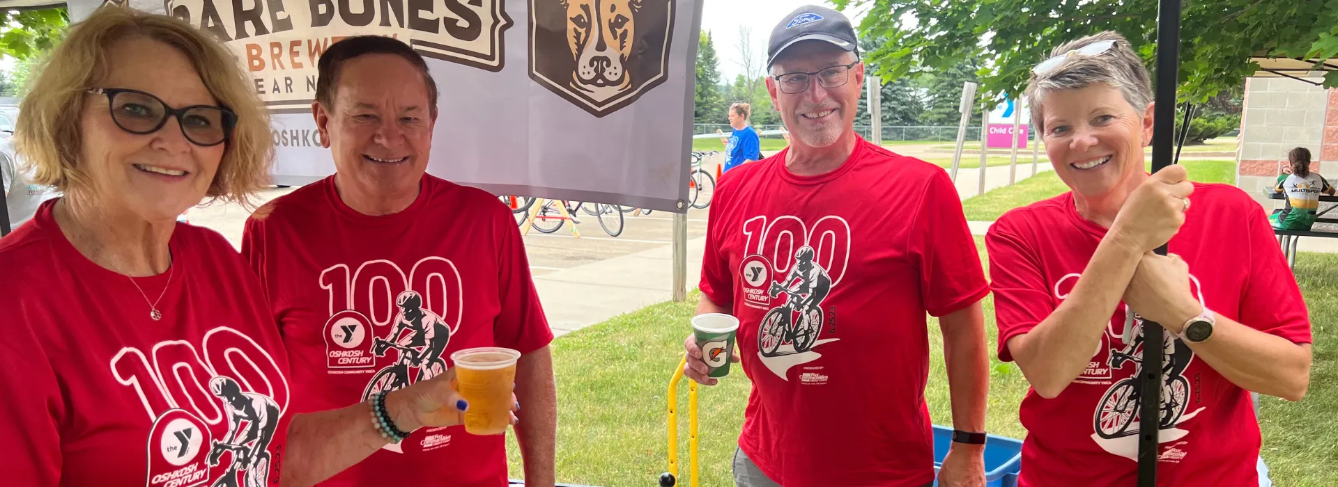 A group of volunteers at the beer tent after the Oshkosh Y Century ride.