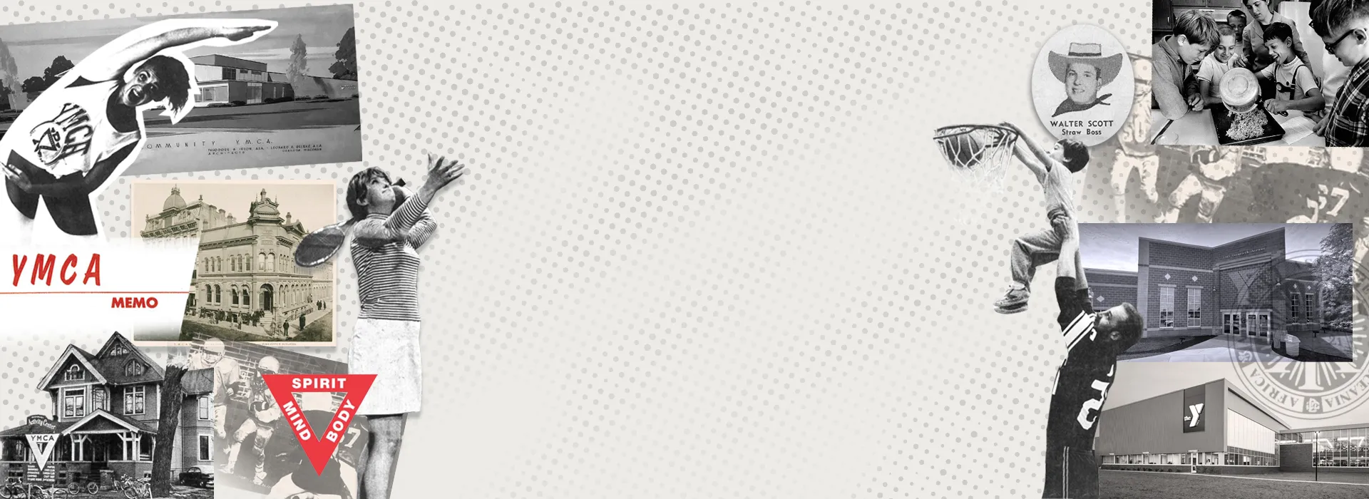 Old school photos of the Y's facilities, people playing sports.