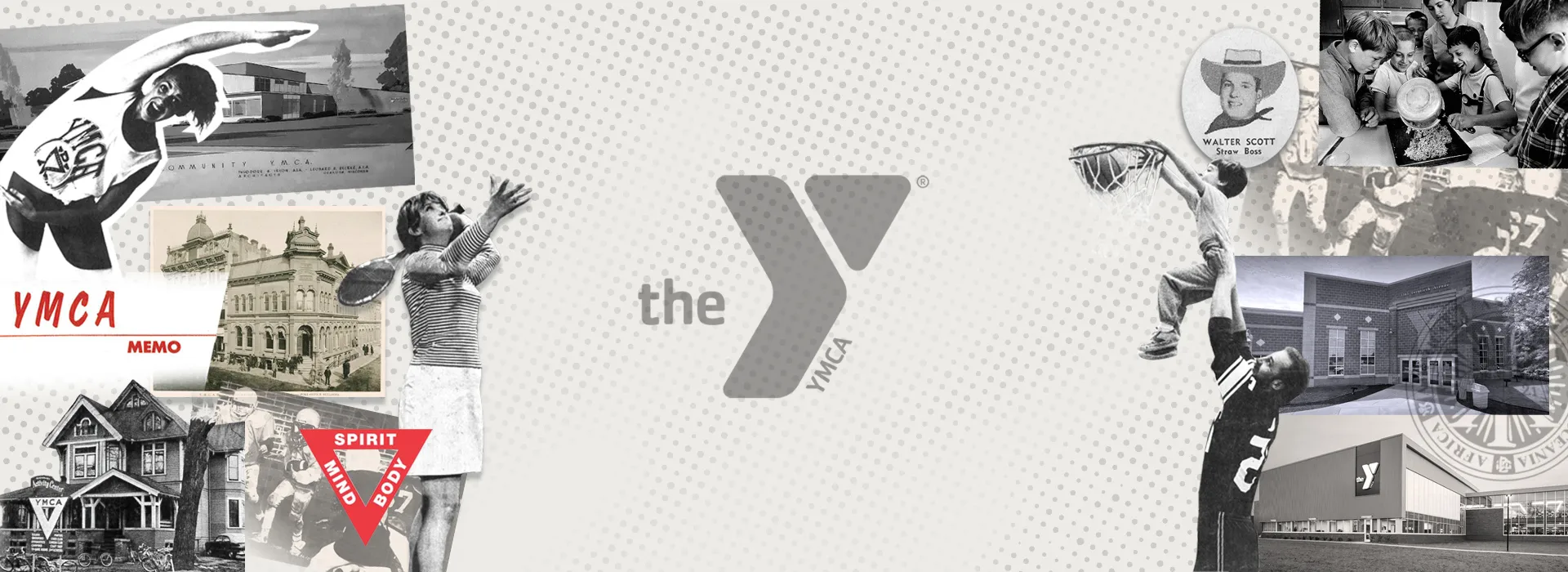 Old school photos of YMCA members and buildings.